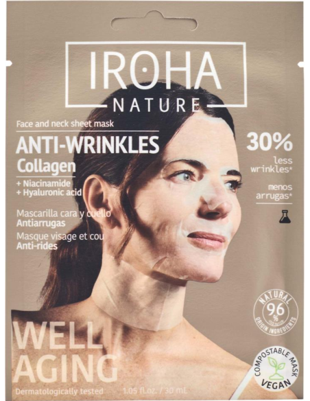 Iroha Nature ansigts- og halsmaske mod rynker med kollagen, niacinamid og hyaluronsyre til hudens fasthed