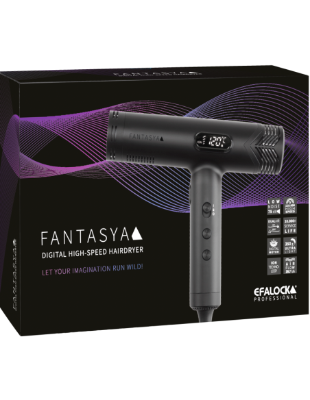 Efalock FANTASYA sort højhastighedshårtørrer, 1800 W, med digital betjening og diffuser