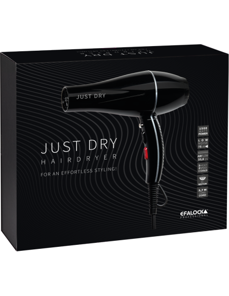Efalock JUST DRY sort hårtørrer, 1500 W, med AC-motor og koldluftsknap