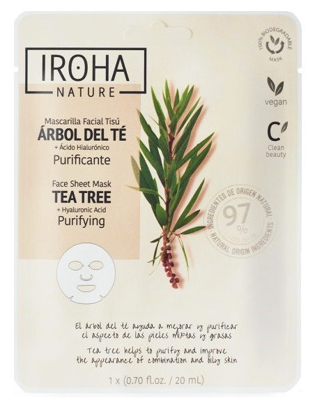 IROHA NATURE Ansigtsmaske TEA TREE + HYALURONSYRE. Rensende 20ml