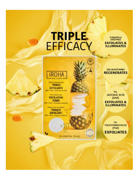 IROHA NATURE Peeling og Brightening Toner Pads med glykolsyre og ananasenzymer 10 stk.